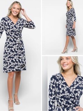 41 Hawthorn Navy and White Leaf-Print Wrap Midi Dress